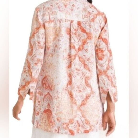 Chico's 1/M Orange White Paisley Print 100% LINEN 3/4 Slv 1/2 Button Women's Top - Picture 2 of 12